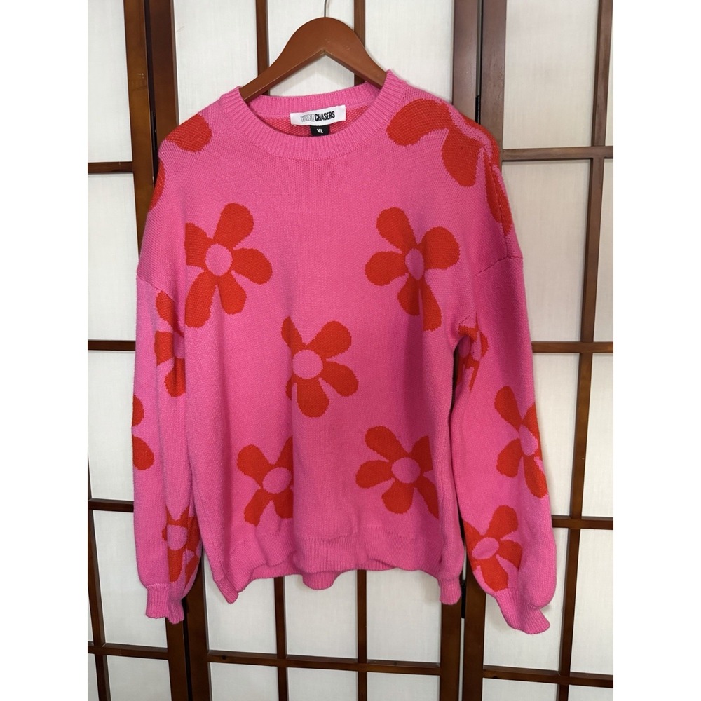 WKNDChasers Daisy Bright Pink Colorful Crewneck Boutique Sweater XL Knit Funky